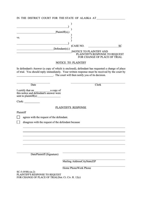 Notice To Plaintiff District Court For The State Of Alaska printable ...