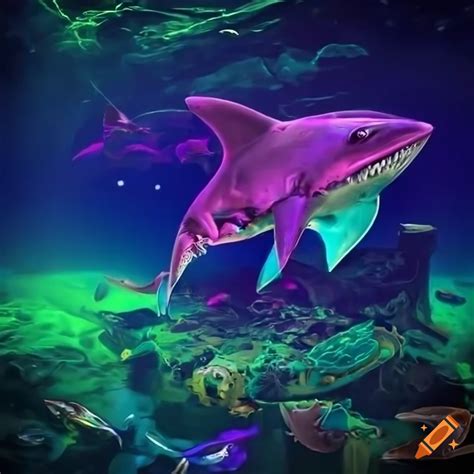 Neon-colored ocean with steampunk sharks on Craiyon