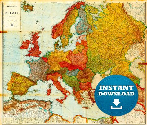 Digital Vintage Europe Map, Printable Vintage European Map, Map of Europe, Europa Karte, Europe ...