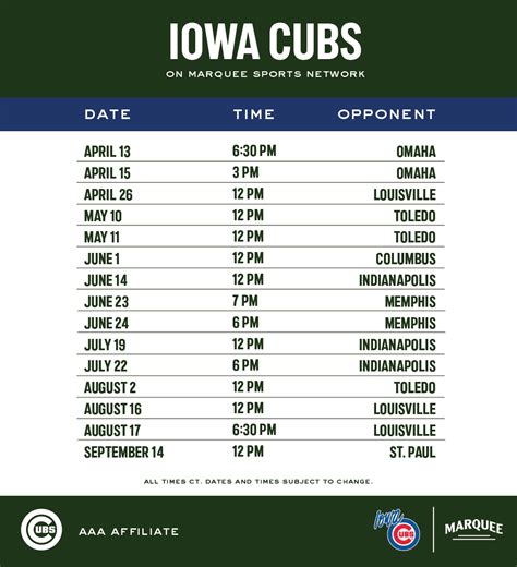 Iowa Cubs Minor League Baseball Schedule from Marquee Sports Network