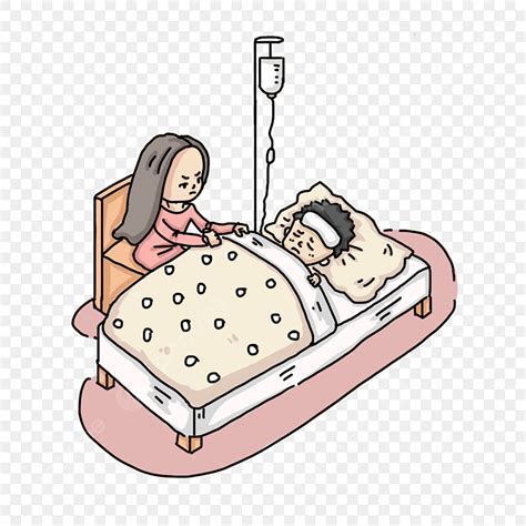 Sick Patient White Transparent, Cartoon Hand Drawn Mom Taking Care Of ...