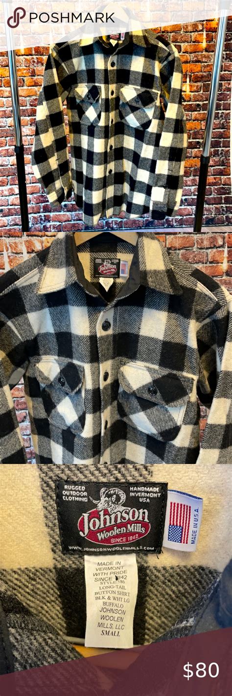 Johnson Woolen Mills Vermont plaid small mens heavy shirt jacket Black cream USA Woolen Mills ...