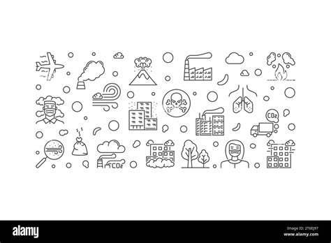 Air Pollution outline horizontal banner - Vector Smog and Air Emissions concept illustration ...