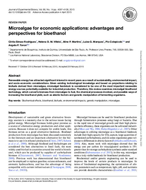 (PDF) Microalgae for economic applications: advantages and perspectives for bioethanol | Pio ...