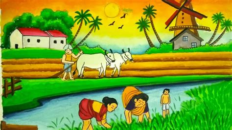 How to draw a beautiful village scenery painting with farmers working ...