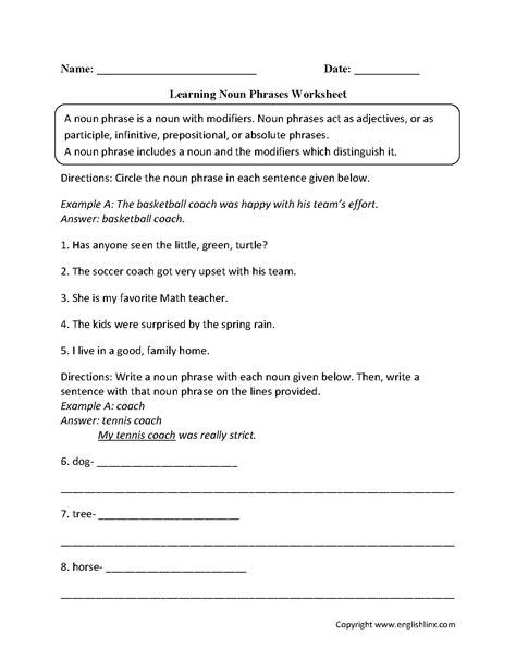 Nouns Worksheets | Noun Phrases Worksheets