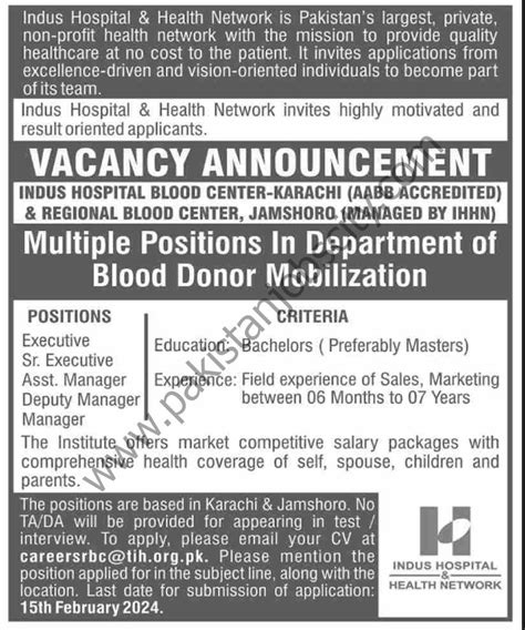 Indus Hospital Blood Center Jobs February 2024