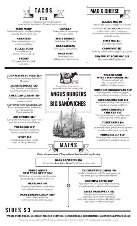 Saguaro Corners Restaurant & Bar menu in Tucson, Arizona, USA