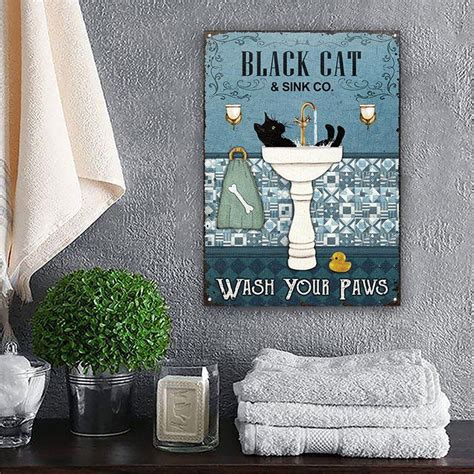 Bathroom Metal Sign Black Cat Wash Your Paws Metal Sign | Etsy