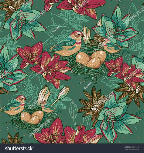 Seamless Floral Background With Bird Wallpaper In Vintage Style Stock Vector Illustration ...