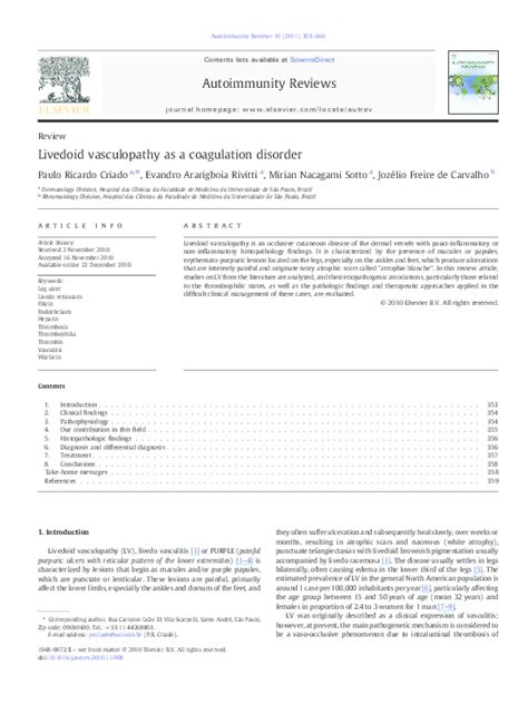 (PDF) Livedoid vasculopathy as a coagulation disorder | Paulo Criado ...