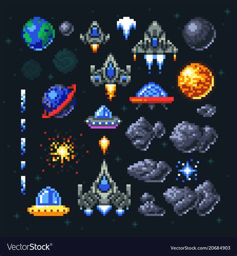 Retro space arcade game pixel elements invaders Vector Image