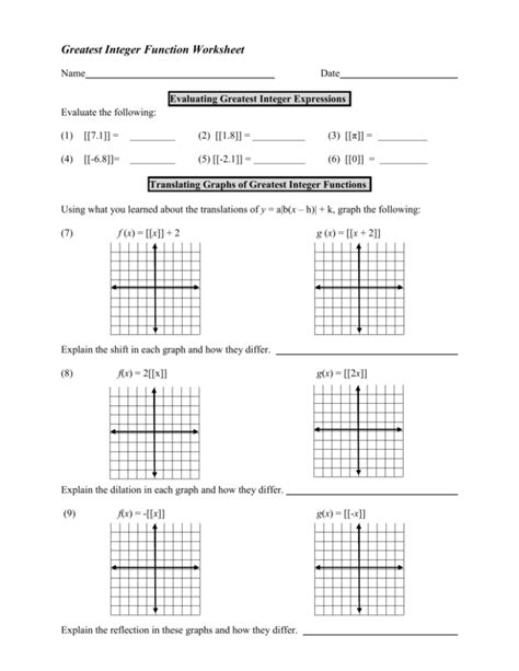 Greatest Integer Function Worksheet with Answers