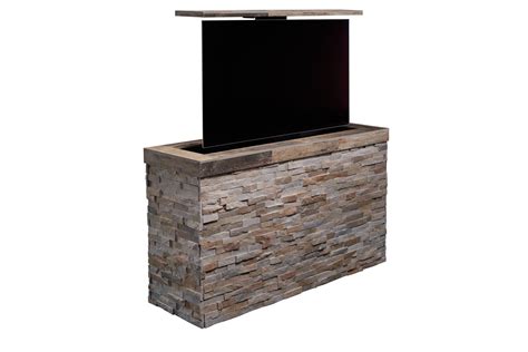 Outdoor pop up TV | Tile topped Stacked stone outdoor TV cabinet