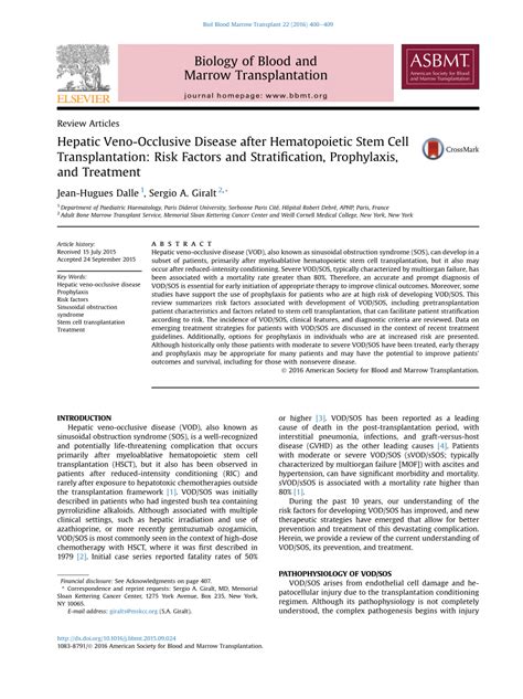 (PDF) Hepatic Veno-Occlusive Disease After Hematopoietic Stem Cell ...