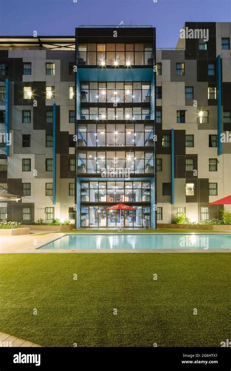 Swimming pool courtyard and elevation. Hatfield Square, Pretoria, South ...