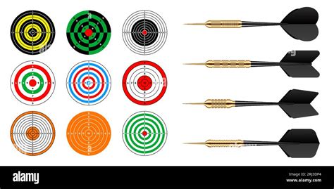 Paper targets with dart arrows. Shooting range round target, divisions, marks and numbers. Gun ...