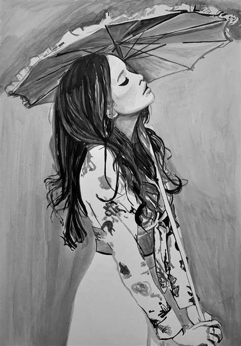 Girl with umbrella / 100 x 70 cm Drawing by Alexandra Djokic | Saatchi Art