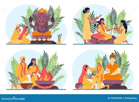 Indian Wedding Traditions Set. Indian Bride And Groom In Ethnic Dress Vector Illustration ...