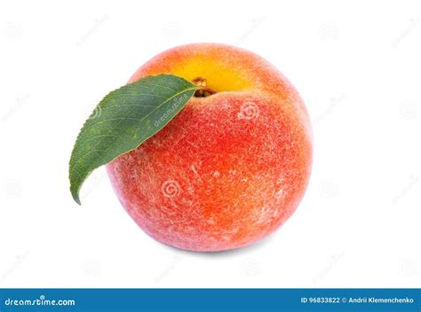 A Close-up of a Single Bright Peach with Green Leaf, Isolated on the White Background. a Whole ...