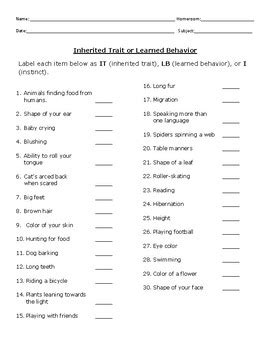 Inherited Traits and Learned Behaviors by Amber Deremo | TpT