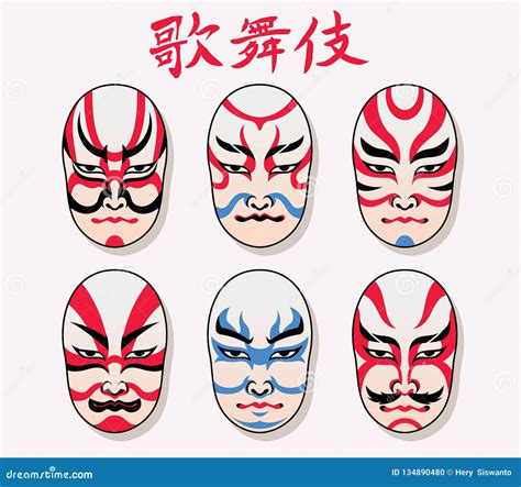 Japan kabuki mask set stock vector. Illustration of isolated - 134890480