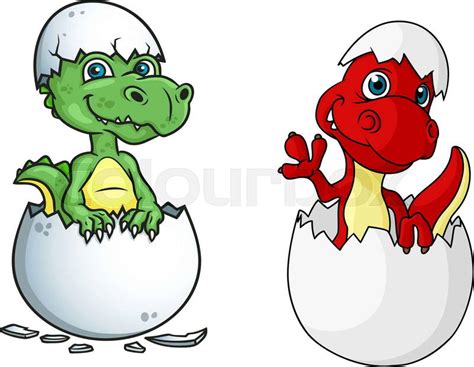 Cute little baby cartoon dinosaurs characters, one red and one green, hatching out of eggs ...