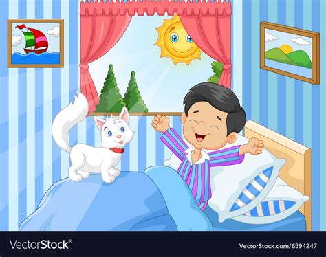 Cartoon little boy waking up and yawning Vector Image