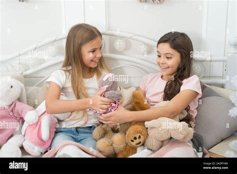 Toys shop. Cute soft toys. Happy childhood. Soulmates concept. Sisters sharing toys. Sisters ...