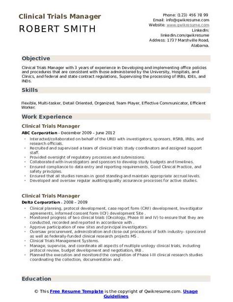 Clinical Trials Manager Resume Samples | QwikResume