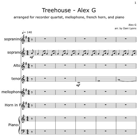 Treehouse - Alex G - Sheet music for Recorder, Horn in F, Piano