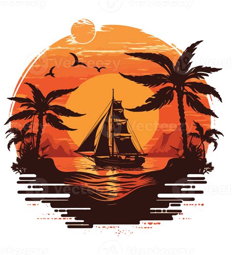 A beautiful tropical island with boat sunset and palm tree 22840925 PNG