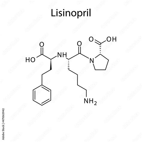 Lisinopril molecular structure, flat skeletal chemical formula. ACE ...