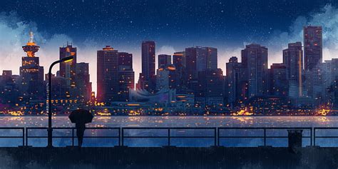 HD wallpaper: anime, city, building, women, umbrella, night, painting, digital art | Wallpaper Flare