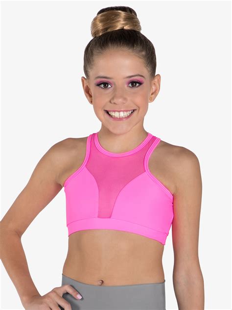 Girls "Vicky" Neon Pink Mesh Halter Dance Crop Top - Kids Tops ...