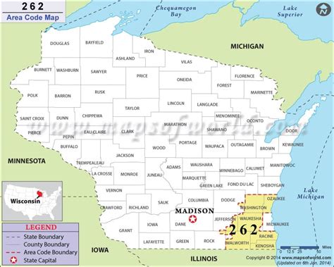 262 Area Code Map, Where is 262 Area Code in Wisconsin