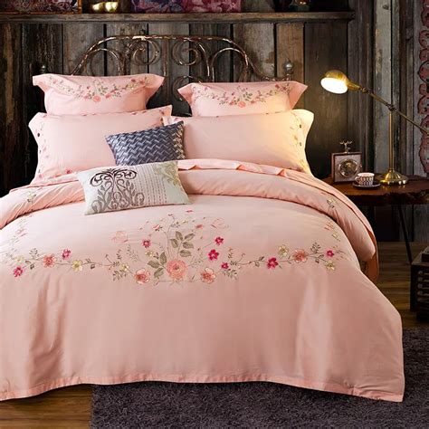 100% Cotton 4pcs girls light pink duvet cover sets queen king size bedding set with embroidery ...