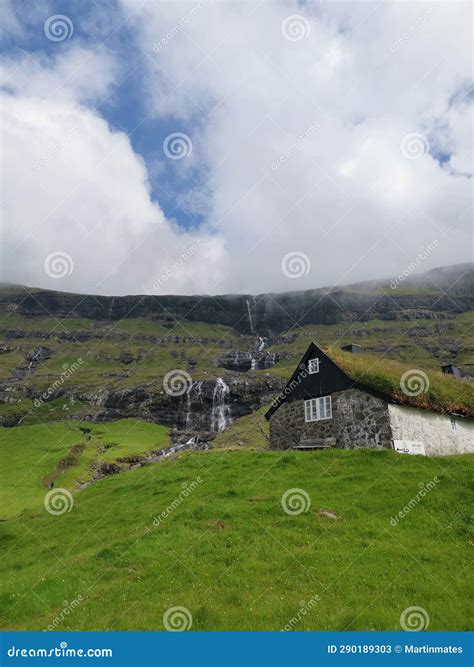 Saksun Waterfall and Museum Streymoy, Faroe Islands Stock Image - Image ...