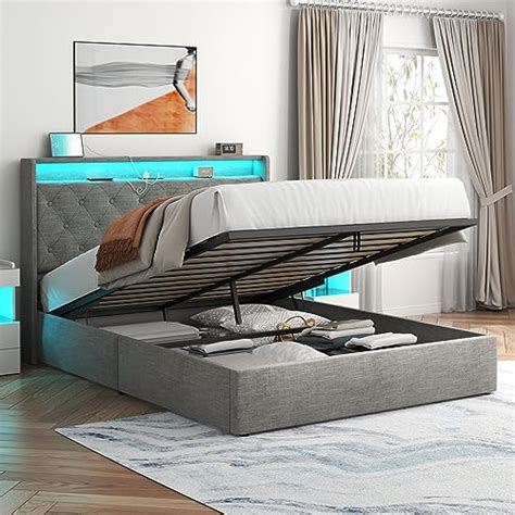 Loomie Queen Lift Up Bed Frame with Charging Station & LED Lights ...