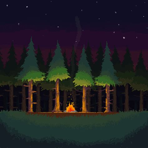 an old pixel art video game with trees and fire in the woods at night time