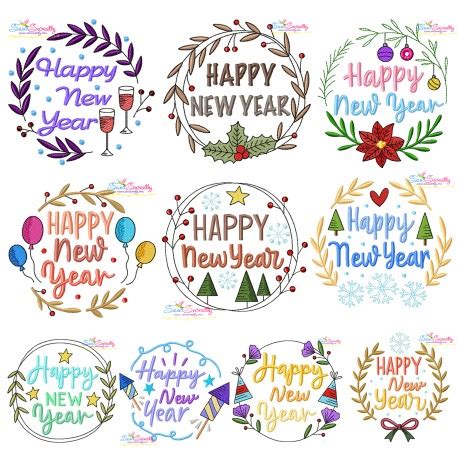 Happy New Year Frames Embroidery Design Pattern Bundle