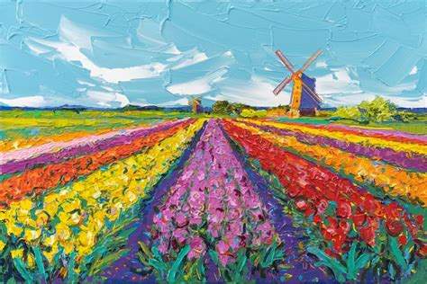 a painting of a windmill in a field of tulips