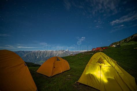 Night Camping on Mountain with Sky and Stars on Green Grass. Stock Photo - Image of evening ...