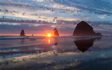 Download Cannon Beach Haystack Rock Pacific Ocean Oregon Coast Cliff Nature Sunset HD Wallpaper