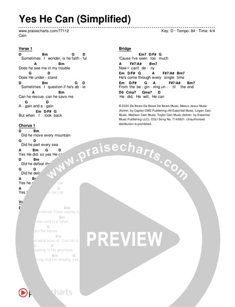 Yes He Can (Simplified) Chords PDF (CAIN) - PraiseCharts