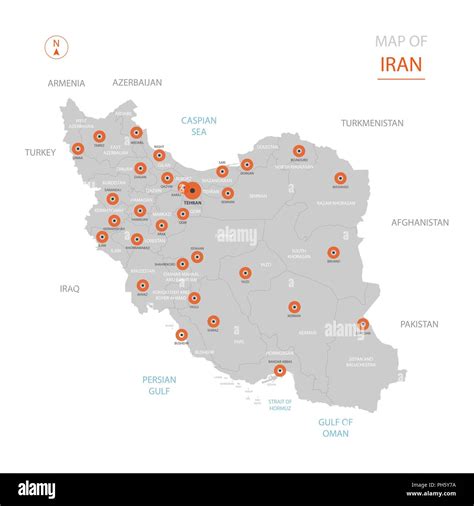 Stylized vector Iran map showing big cities, capital Tehran ...