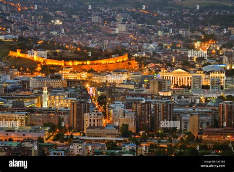 Wide angle night view to the capital city of Macedonia Stock Photo - Alamy