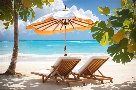 Premium AI Image | Beautiful beach chairs with umbrella on tropical ...