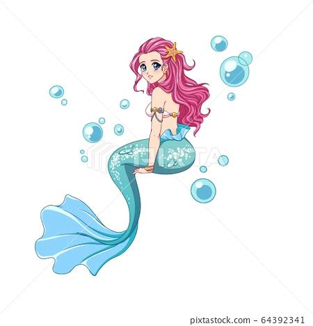 Beautiful anime mermaid with curly pink hair and - Stock Illustration ...