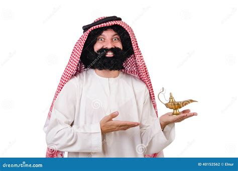 Funny arab man with lamp stock photo. Image of headscarf - 40152562